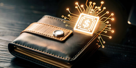 Photo Realistic as AI chip and digital wallet concept as An AI chip icon paired with a digital wallet representing the integration of AI hardware in secure digital transactions ideal for isolated vect