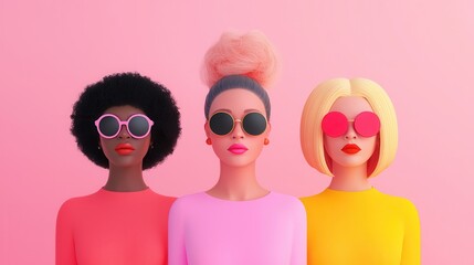 Poster - Three Diverse Women Wearing Sunglasses in a Minimalist Setting.