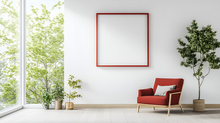 Wall Mural - Modern Living Room Interior with Red Armchair and Blank Wall for Your Design