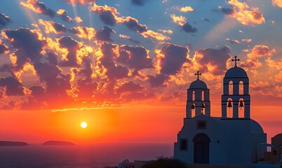 Beautiful view of Churches in Oia village, Santorini island in Greece at sunset, with dramatic sky. 