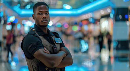 Wall Mural - A handsome Black security guard stands in the mall, with his arms crossed and looking at the camera