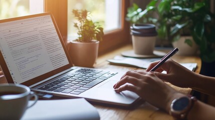 Professional editing a blog post on a laptop, with coffee and notes nearby