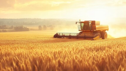 Harvesting Wheat at Sunset