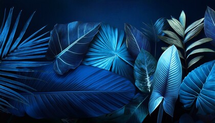 Wall Mural - collection of tropical leaves,foliage plant in blue color with space background
