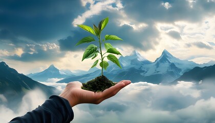 Holding plants in one hand, with magnificent mountains and clouds in the background, showing the beauty of nature.