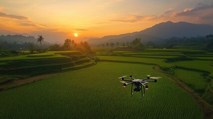 Farmers in rice fields at dusk, using a drone to monitor crop health, showcasing the blend of tradition and technology.