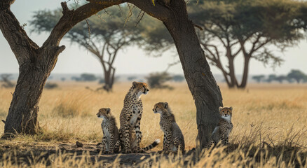 Poster - A mother cheetah and her cubs resting under the shade of acacia trees in their natural habitat, Serengeti National Park