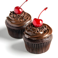 Indulge in the rich and decadent delight of two perfectly frosted chocolate cupcakes, adorned with a glossy chocolate topping and a vibrant cherry on top. 