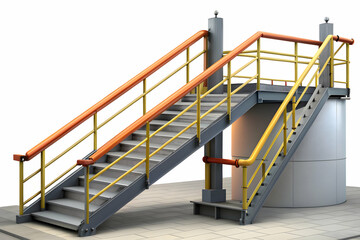 Photo Realistic as Safety rail and factory staircase concept as A safety rail paired with a factory staircase symbolizing the importance of secure handrails in industrial settings perfect for isolated