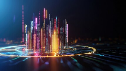 Vibrant, bright poster featuring a city skyline made up of code lines, symbolizing the digital city infrastructure