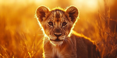 Wall Mural - a young african lion cub looks directly at the camera, with its golden fur illuminated by the warm l
