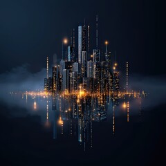 Wall Mural - Creative poster with a futuristic skyline where buildings are constructed from HTML and CSS code blocks