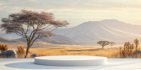 Wall Mural - product podium presentation for advertisement with tree and mountain africa savanna background