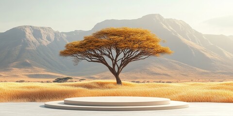 Poster - product podium presentation for advertisement with tree and mountain Africa savanna background