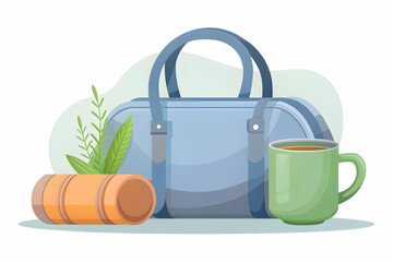 Simple flat vector illustration as Gym bag and herbal tea concept as A gym bag and a cup of herbal tea representing the balance between fitness and relaxation ideal for clean and isolated vector desig