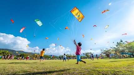 12. Children playing with colorful kites in a festival field under a clear blue sky