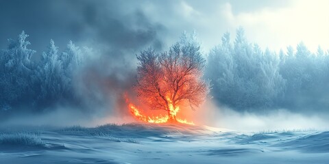 Wall Mural - A captivating winter scene featuring a tree partially engulfed in flames against a cold, snowy landscape and a foggy backdrop. 