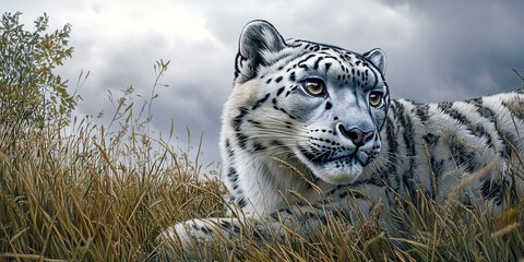 Wall Mural - a snow leopard up close in grassy field, trees near, overcast sky behind