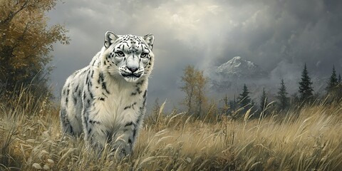 Wall Mural - A snow leopard up close in grassy field, trees near, overcast sky behind