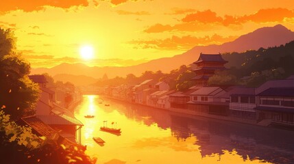 Wall Mural - A serene sunset over a river, reflecting warm hues and traditional buildings.