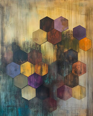 Wall Mural - Cyber, techy, hexagons, mixed media, earth tones, jewel tones