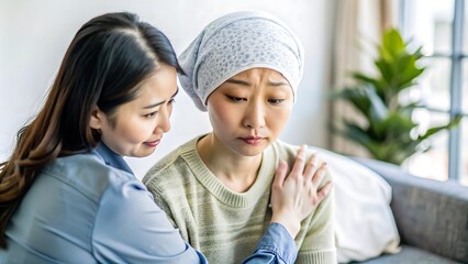 Woman comforting friend with cancer.