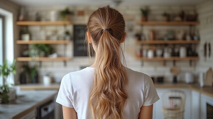 Poster - Back View of a Woman with Ponytail in a Cozy Kitchen