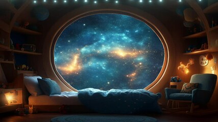 Wall Mural - fantasy landscape Cozy kids Bedroom with space, Glowing galaxies and stars view motion animation video background