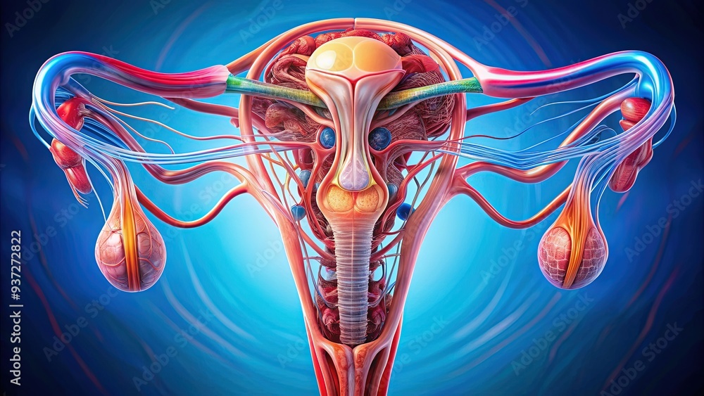 Illustration of the female reproductive system showing the uterus ...