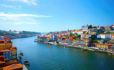 Poster - Panoramic view of the old cityscape and river in Porto, Portugal, with colorful buildings and roof tiles