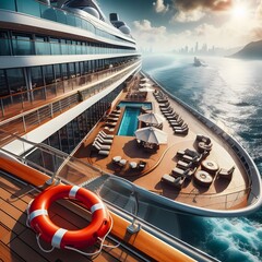 Luxury cruise ship deck view with lifebuoy safety equipment