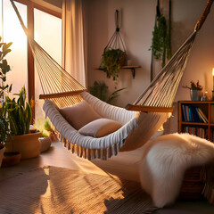 person relaxing in hammock.a cozy indoor space with a handmade wooden hammock as the centerpiece, surrounded by soft textiles and warm lighting. The scene should evoke a sense of relaxation and comfor