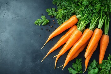 Fresh Organic Carrots on Dark Slate Background with Green Tops and Peppercorns