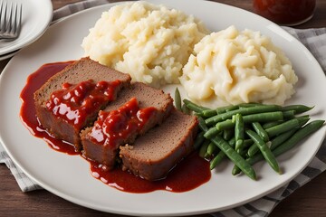 Wall Mural - Classic beef meatloaf with a tangy tomato glaze served with mashed potatoes and green bean, AI Generated