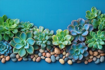 Sticker - Vibrant Succulent Arrangement on Blue Background with Decorative Stones - Perfect for Home Decor and Gardening Themes