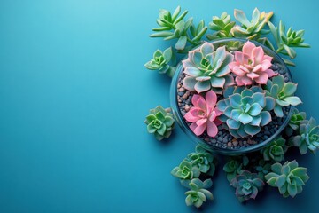 Sticker - Colorful Succulent Plants in a Glass Bowl on a Teal Background with Copy Space