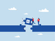 © TA design - Business people Build business bridge puzzle jigsaw AI, Artificial Intelligence Robot path together ,solution ,idea, cooperation robot  to success together concept,vector illustrator.