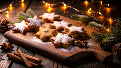 Rustic wooden board filled with homemade Christmas sugar cookies in various festive shapes