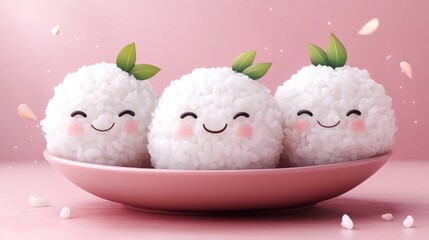 Cute Rice Balls in Pink Plate