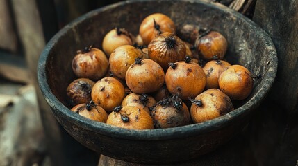 Wall Mural - Close-up of Brown Fruit in a Wooden Bowl