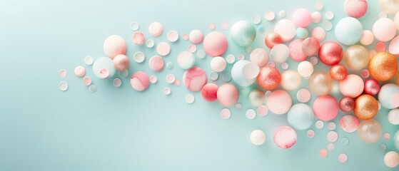 Wall Mural - Colorful assortment of glossy spheres and discs, blending pastel shades and textured surfaces, creating a visually pleasing abstract pattern on a soft backdrop.