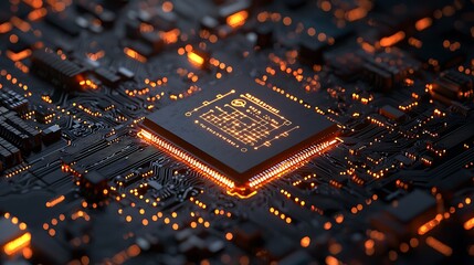 Illuminated CPU processor on motherboard circuit board, representing the core of modern computing and the intricate connections that enable technology.