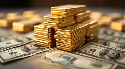 Gold bullion bars on US dollar bills, financial success, highlighting the strength and stability of gold as a symbol of wealth and security.