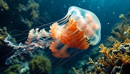 realistic photographer A tropical jellyfish swimming among coral and sea plants.  jelly fish in the aquarium