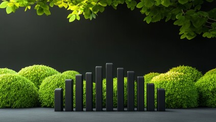 A black wooden fence in the garden, with green grass and bushes