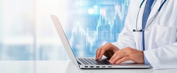 A doctor in a white coat using a laptop with a stock market chart and a digital screen background