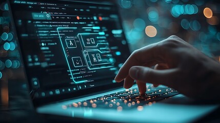 Wall Mural - hacker typing on a laptop with blue neon interface and bokeh lights, illustrating the dark and myste