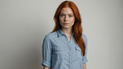 teen stunning red hair white woman with blue shirt model portrait standing straight on a plain white background for ad concept space for text