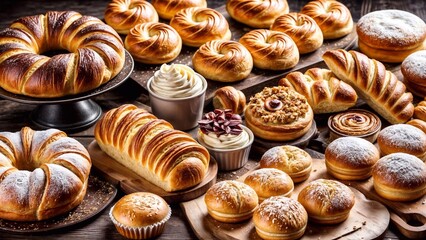 Bread on the table. Variety of fresh baked goods	