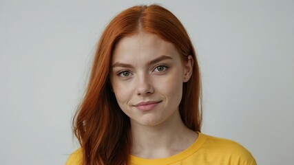 Wall Mural - teen stunning red hair european woman with yellow shirt model portrait standing straight on a plain white background for ad concept space for text